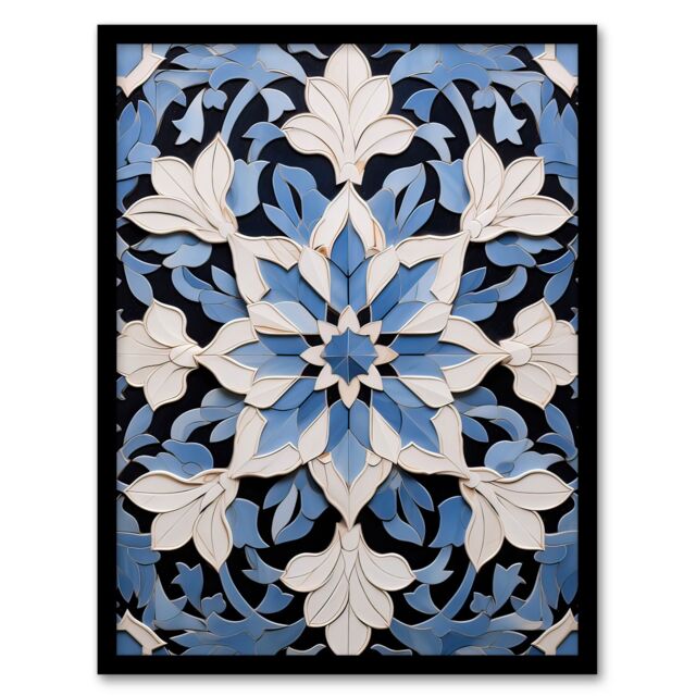 Artery8 Wall Art Print Blue Arabesque Flower Design Ornate Symmetrical Floral Pattern Artwork Framed - Size: A4 - image 1