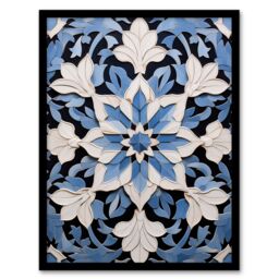 Artery8 Wall Art Print Blue Arabesque Flower Design Ornate Symmetrical Floral Pattern Artwork Framed - Size: A4 - thumbnail 1