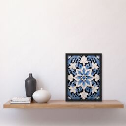 Artery8 Wall Art Print Blue Arabesque Flower Design Ornate Symmetrical Floral Pattern Artwork Framed - Size: A4 - thumbnail 4