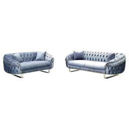 Sliding Wardrobes 4U Cammen 3+2 Plush Velvet Chesterfield Sofa Set Available in 3 Colors in Grey - Size: 5 Pack - thumbnail 2