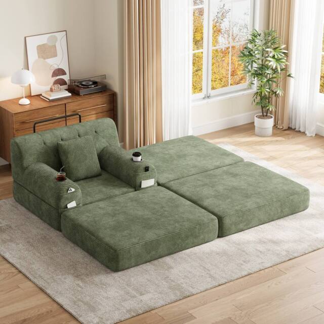 Matteo Green Corduroy Convertible 1-Seater Sleeper Chair & Ottoman - image 1
