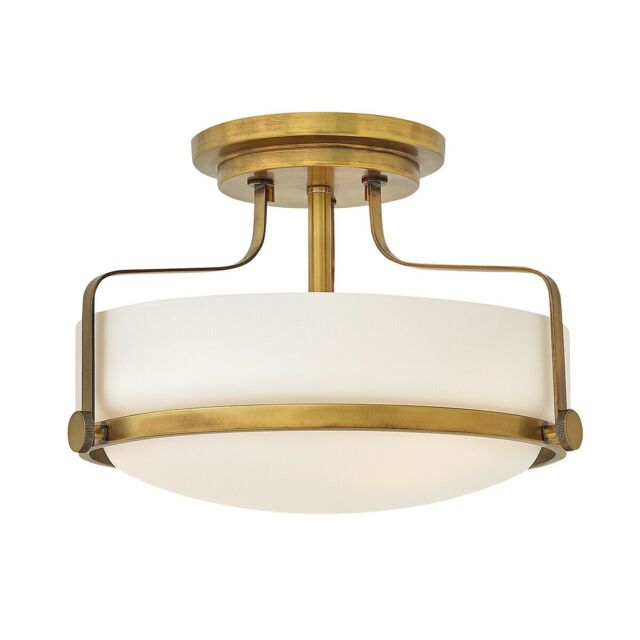 Loops 3 Bulb Semi Flush Light Opal Glass Metal Ring Heritage Brass LED E27 60W in Clear