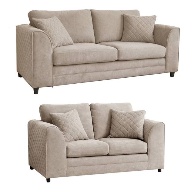 Furnishings For Less UK Quilted Chenille Fabric Sofa Set 3 & 2 Seater Scatter Back in Beige - image 1