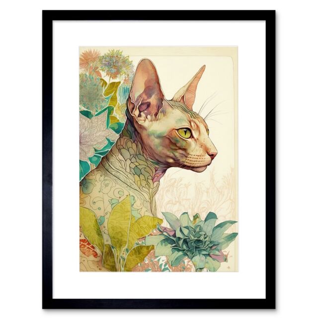 "Artery8 Wall Art Print Sphynx Cat with Floral Tattoo in Flower Blooms Colourful Modern Watercolour Artwork Framed 9X7 Inch in Black - Size: W7"" x H9""" - image 1