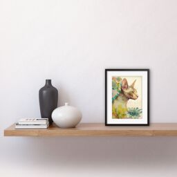 "Artery8 Wall Art Print Sphynx Cat with Floral Tattoo in Flower Blooms Colourful Modern Watercolour Artwork Framed 9X7 Inch in Black - Size: W7"" x H9""" - thumbnail 2