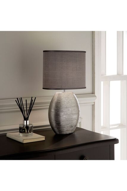K LIVING Waltham Brushed Silver Ceramic Table Lamp complete with Satin Shade - image 1