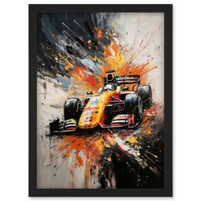 Artery8 Yellow Race Car Racing Scene Modern Spatter Art Artwork Framed Wall Art Print A4 in Black - image 1
