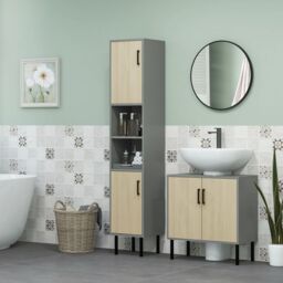 Kleankin Bathroom Sink Cabinet Freestanding Under Sink Storage Cabinet in Light Brown