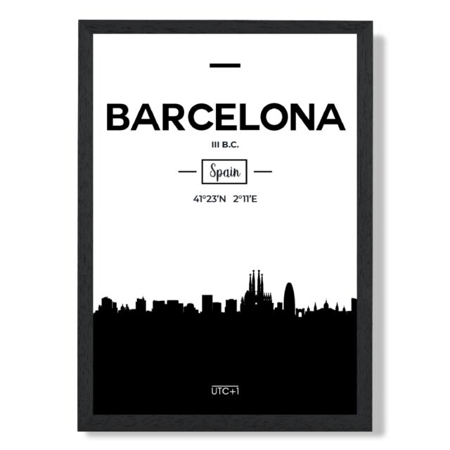 ARTZE Barcelona Black & White City Skyline Framed Print SIZE: A2 with Black Frame - Size: A4 - image 1