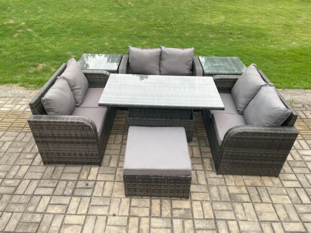 Fimous Rattan Garden Outdoor Furniture 3 PC Love Sofa Set Patio Adjustable Rising lifting Dining Table With 2 Side Tables Big Footstool in Dark Grey - image 1
