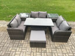 Fimous Rattan Garden Outdoor Furniture 3 PC Love Sofa Set Patio Adjustable Rising lifting Dining Table With 2 Side Tables Big Footstool in Dark Grey - thumbnail 1