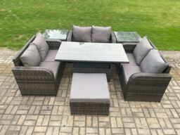 Fimous Rattan Garden Outdoor Furniture 3 PC Love Sofa Set Patio Adjustable Rising lifting Dining Table With 2 Side Tables Big Footstool in Dark Grey - thumbnail 2
