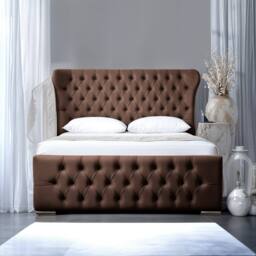 UK Bed Furniture Isabella Slatted Base Upholstered Bed with 48 Inch Wingback Headboard in Brown - Size: Small Double - thumbnail 2