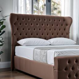 UK Bed Furniture Isabella Slatted Base Upholstered Bed with 48 Inch Wingback Headboard in Brown - Size: Small Double - thumbnail 3