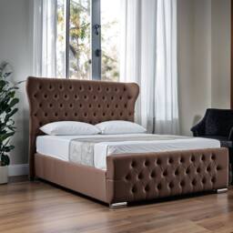UK Bed Furniture Isabella Slatted Base Upholstered Bed with 48 Inch Wingback Headboard in Brown - Size: Small Double - thumbnail 1