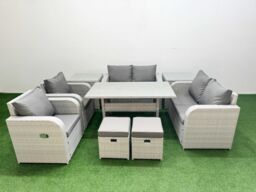 Fimous 8 Seater Outdoor Reclining Chair Love Sofa Set Rattan Garden Furniture Set with Rectangular Dining Table 2 Stools 2 Side Table Light Grey - thumbnail 1
