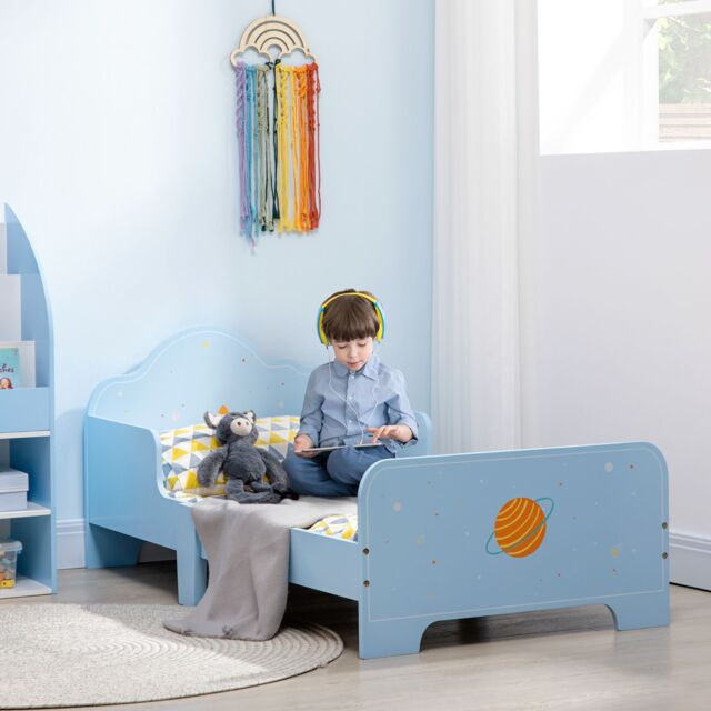 ZONEKIZ Kids Toddler Bed with Rocket & Planets Patterns, for Boys, Girls, Ages 3-6 Years in Blue - Size: Single - image 1