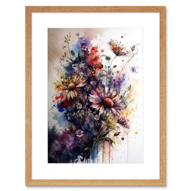 "Artery8 Wall Art Print Flower Bouquet over Watercolour Splat Artwork Framed 9X7 Inch in Beige - Size: W7"" x H9""" - image 1