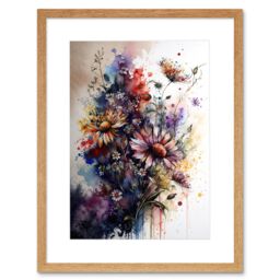 "Artery8 Wall Art Print Flower Bouquet over Watercolour Splat Artwork Framed 9X7 Inch in Beige - Size: W7"" x H9""" - thumbnail 1