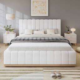 Matteo Upholstered Double Bed Frame with Soft PU Headboard, 4ft6, Beige - thumbnail 3