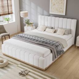 Matteo Upholstered Double Bed Frame with Soft PU Headboard, 4ft6, Beige - thumbnail 2