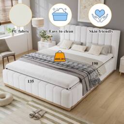 Matteo Upholstered Double Bed Frame with Soft PU Headboard, 4ft6, Beige - thumbnail 6