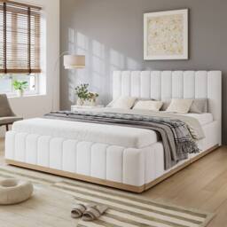 Matteo Upholstered Double Bed Frame with Soft PU Headboard, 4ft6, Beige - thumbnail 1