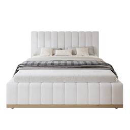 Matteo Upholstered Double Bed Frame with Soft PU Headboard, 4ft6, Beige - thumbnail 9