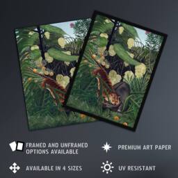 "Artery8 Fight between a Tiger & a Buffalo Rousseau Wall Art Print Poster in Green - Size: W12"" x H16""" - thumbnail 2