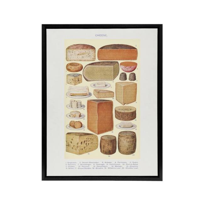 "Artery8 Different Types of Cheese Mrs Beeton Framed Canvas Wall Art Print in Beige - Size: W12"" x H16""" - image 1