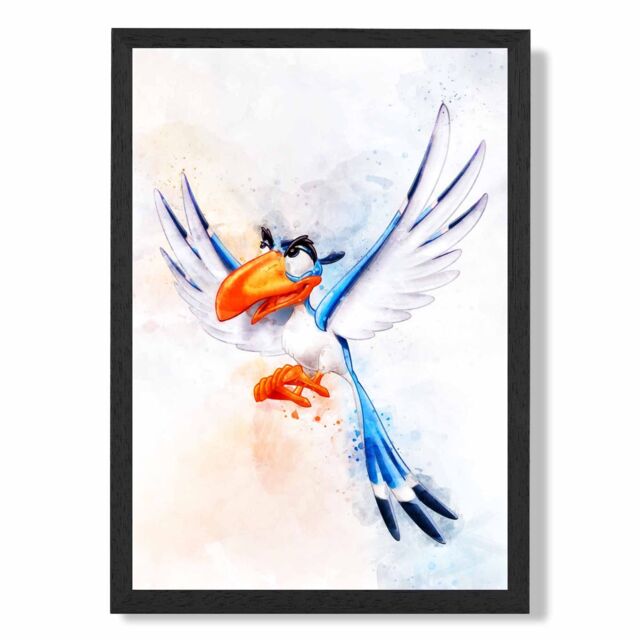 ARTZE Zazu Watercolour Lion King Framed Print SIZE: A4 with Black Frame in Bright Blue - image 1
