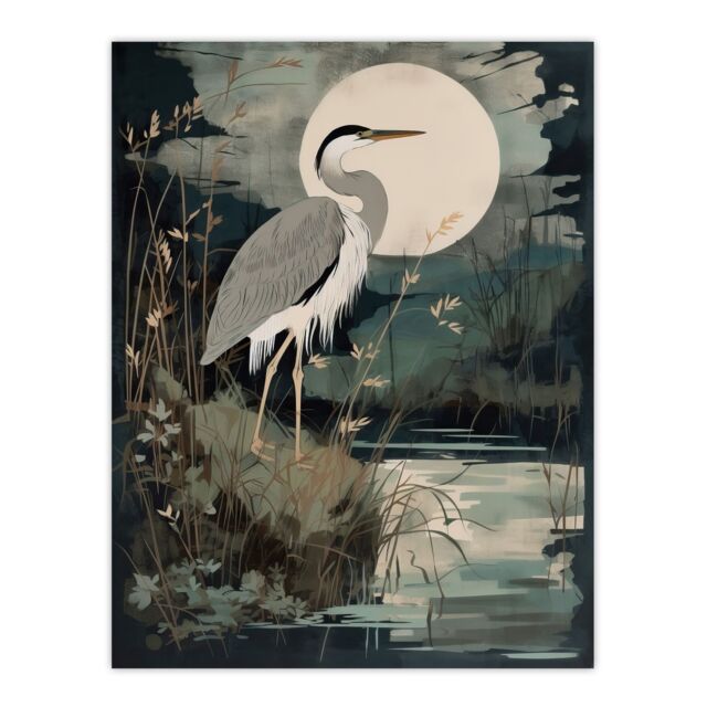 "Artery8 Supper Time By George Sinclair Moonlit Heron Earthy Vintage Botanical Aesthetic Extra Large XL Wall Art Poster Print - Size: W24"" x H32""" - image 1