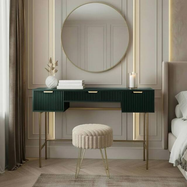 OHS Ribbed Dressing Table Vanity Makeup Desk with 3 Drawers in Dark Green - image 1