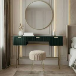 OHS Ribbed Dressing Table Vanity Makeup Desk with 3 Drawers in Dark Green