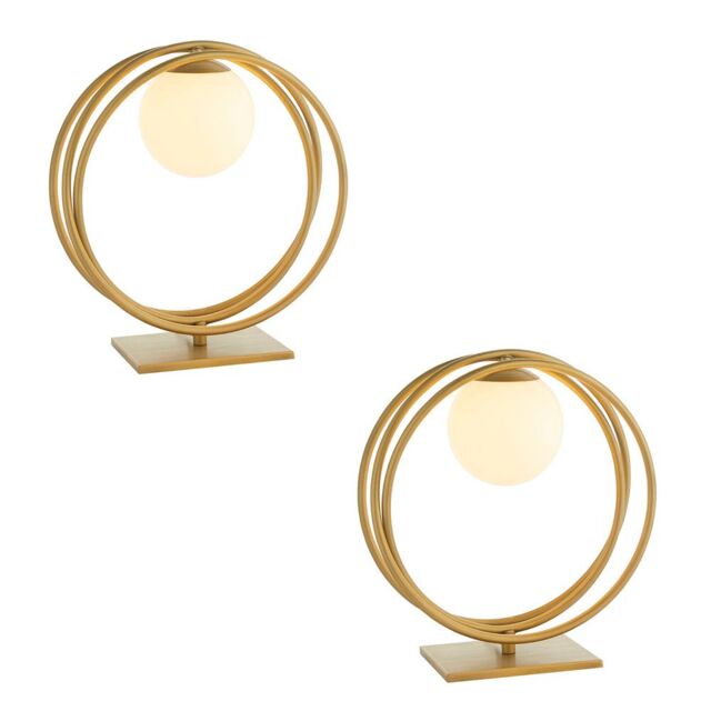 Loops 2 PACK Brushed Gold Table Lamp - Gloss Opal Glass Shade - Circular Hoop Design in Clear - image 1