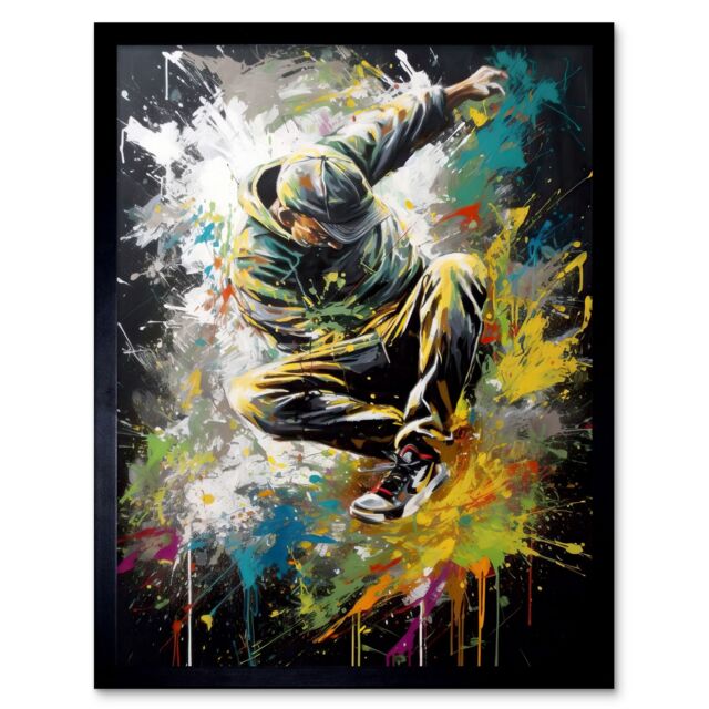 "Artery8 Wall Art Print Break Dancer B-Boy Dancing Splatter Paint Portrait Art Framed in Black - Size: W12"" x H16""" - image 1