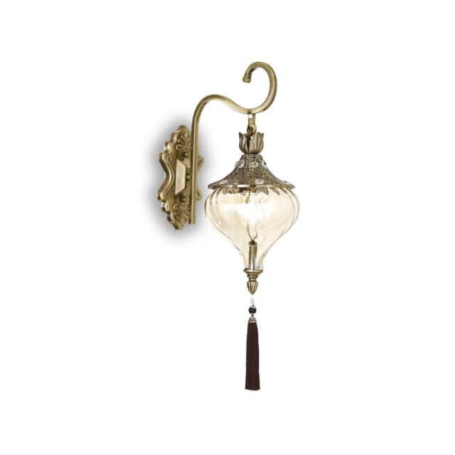 Netlighting Harem 1 Light Indoor Glass Wall Light Antique Brass Amber E27 in Yellow