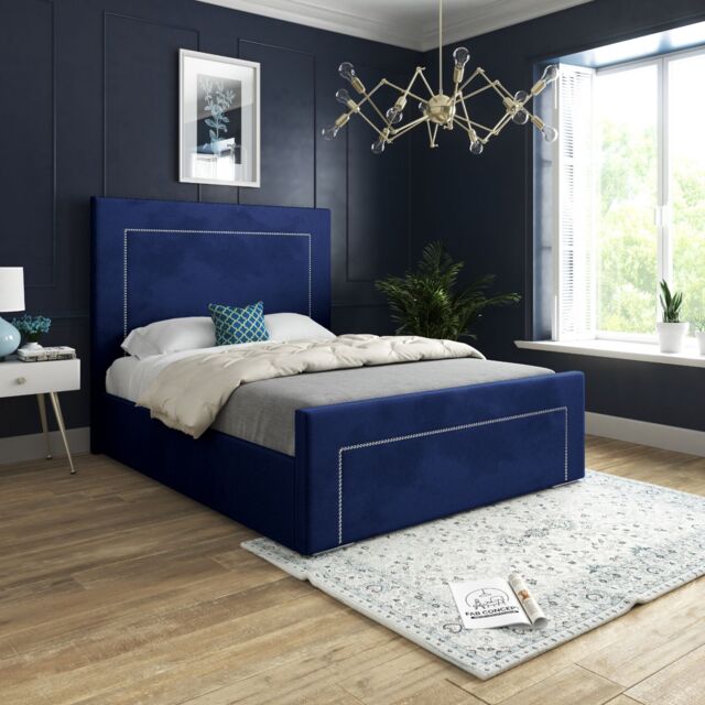 KDMD Lucca Upholstered Soft Velvet Blue Bed Frame - Size: Small Double - image 1