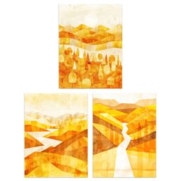 "Artery8 Set of 3 Abstract Amber Gold Mountain Landscapes 12X16"" Art Prints in Yellow - Size: W12"" x H16""" - thumbnail 1