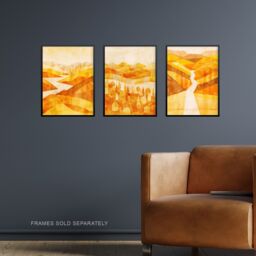 "Artery8 Set of 3 Abstract Amber Gold Mountain Landscapes 12X16"" Art Prints in Yellow - Size: W12"" x H16""" - thumbnail 2