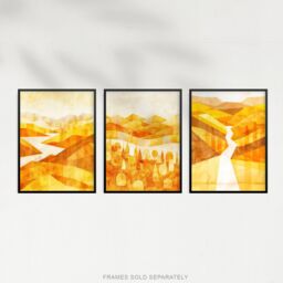 "Artery8 Set of 3 Abstract Amber Gold Mountain Landscapes 12X16"" Art Prints in Yellow - Size: W12"" x H16""" - thumbnail 5