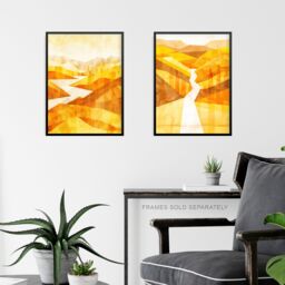 "Artery8 Set of 3 Abstract Amber Gold Mountain Landscapes 12X16"" Art Prints in Yellow - Size: W12"" x H16""" - thumbnail 6