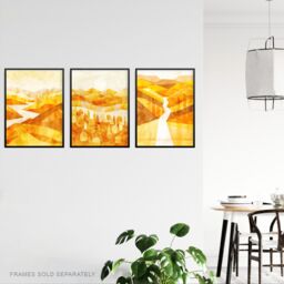 "Artery8 Set of 3 Abstract Amber Gold Mountain Landscapes 12X16"" Art Prints in Yellow - Size: W12"" x H16""" - thumbnail 3