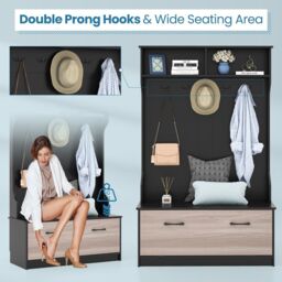 Costway 3-in-1 Freestanding Hall Coat Rack Stand Shoe Bench with 5 Hooks & Cabinet in Black - thumbnail 5