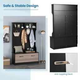 Costway 3-in-1 Freestanding Hall Coat Rack Stand Shoe Bench with 5 Hooks & Cabinet in Black - thumbnail 6