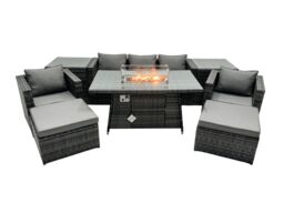 Fimous Rattan Garden Furniture Firepit Dining Set 7 Seater Lounge Sofa Table Set with 2 Side table 2 big Footstool in Dark Grey - thumbnail 2