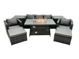 Fimous Rattan Garden Furniture Firepit Dining Set 7 Seater Lounge Sofa Table Set with 2 Side table 2 big Footstool in Dark Grey - thumbnail 1