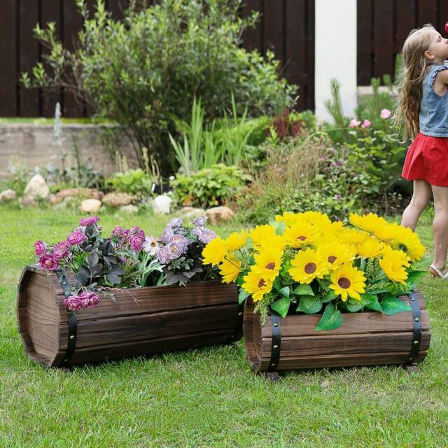 OUTSUNNY 2PCs Wooden Flower Plant Pot Outdoor Plant Box with Solid Wood in Brown - image 1