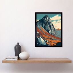 "Artery8 Wall Art Print Tryfan Mountain Peak Landscape Teal Brown Linocut Art Framed in Black - Size: W12"" x H16""" - thumbnail 2