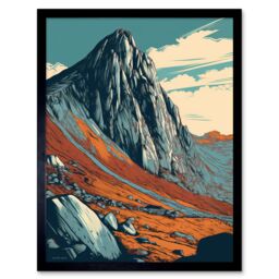 "Artery8 Wall Art Print Tryfan Mountain Peak Landscape Teal Brown Linocut Art Framed in Black - Size: W12"" x H16""" - thumbnail 1
